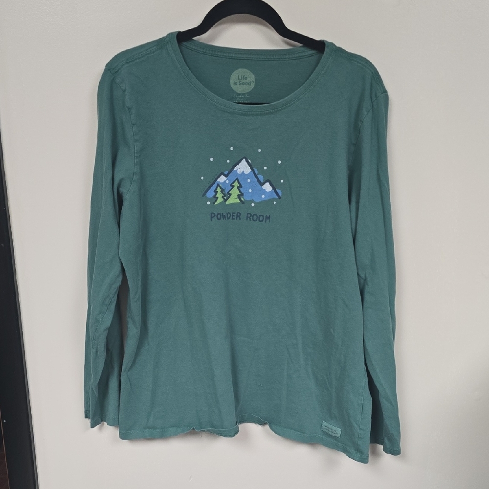 Life Is Good Teal Long Sleeve Tee with Mountain Graphic